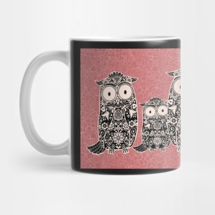 Folk Art Owl Family with Baby Oowl on Rose Pink Floral Background Mug